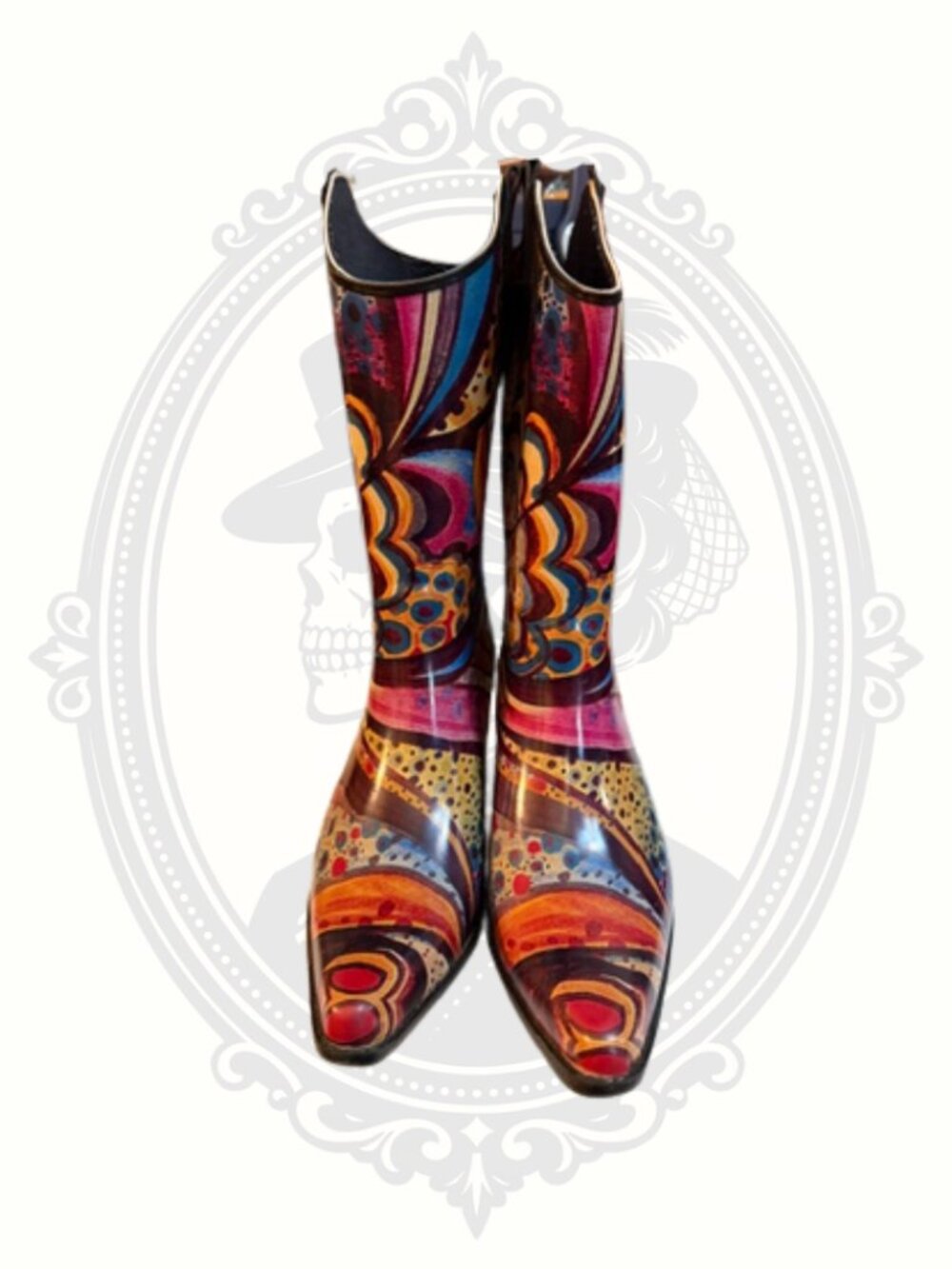 Madeline Colorful Western Rain Boots Psychedelic Print Mid Calf Festival Stateme - Picture 3 of 6